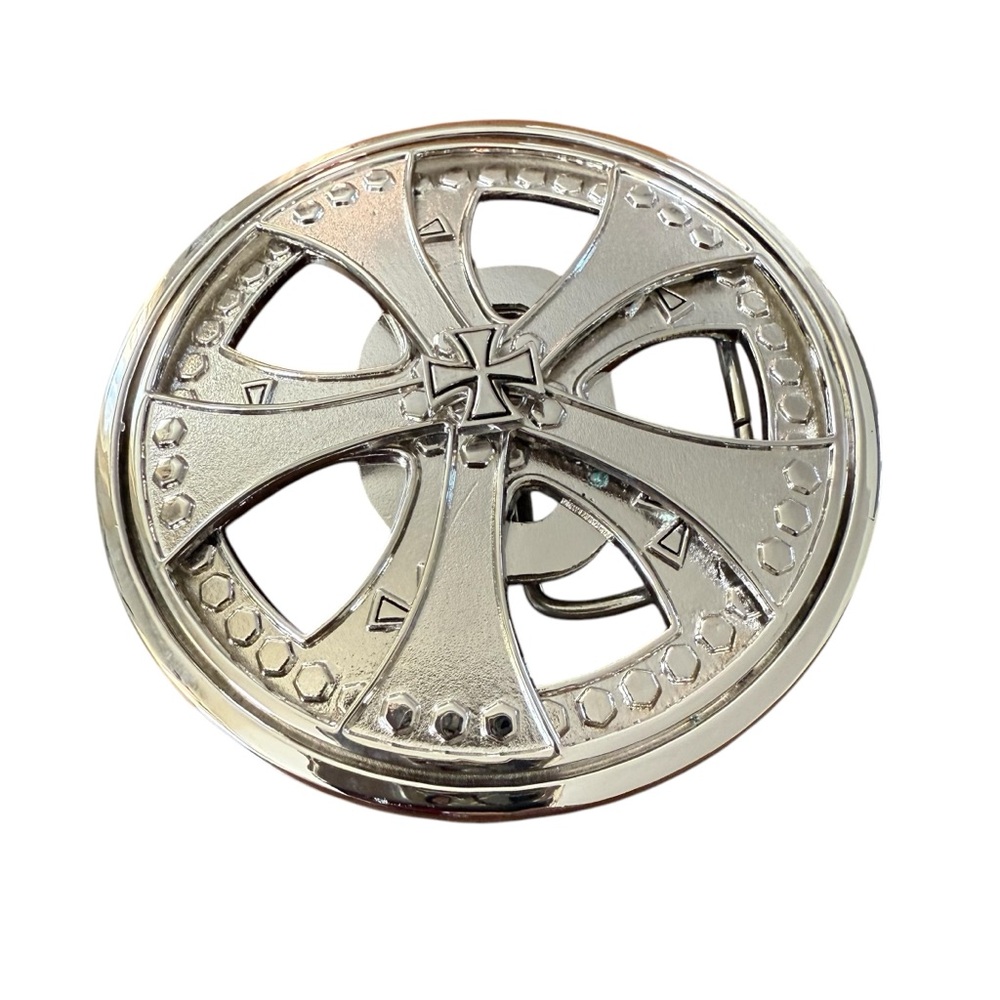 Vintage Y2K Spinning Iron Cross Round Belt Buckle Bottle Opener Silver Tone